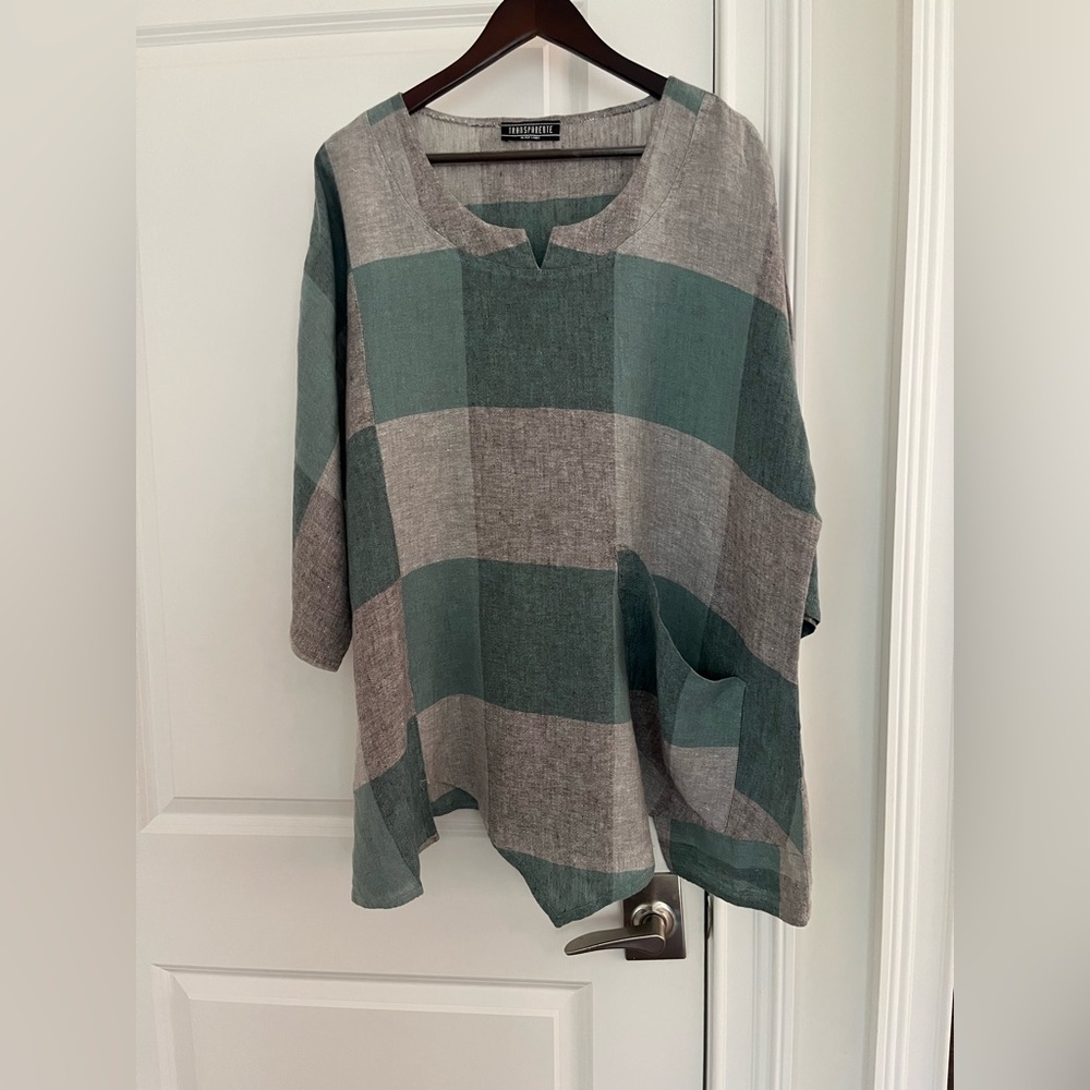 Transparente Black Label Germany Linen Tunic top Sz. 2X green gray asymmetrical